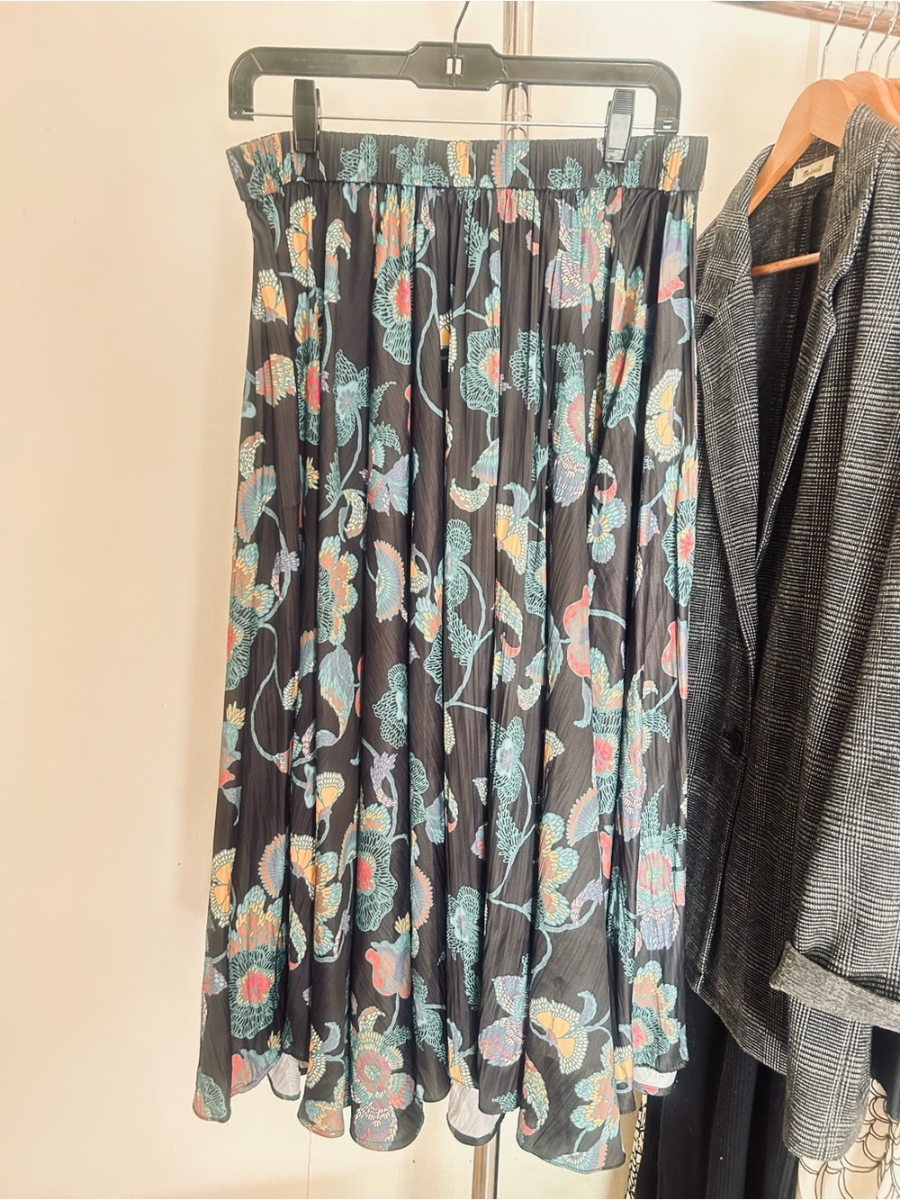 Anthropologie Black Floral Pleated Skirt with Teal and Mustard Print